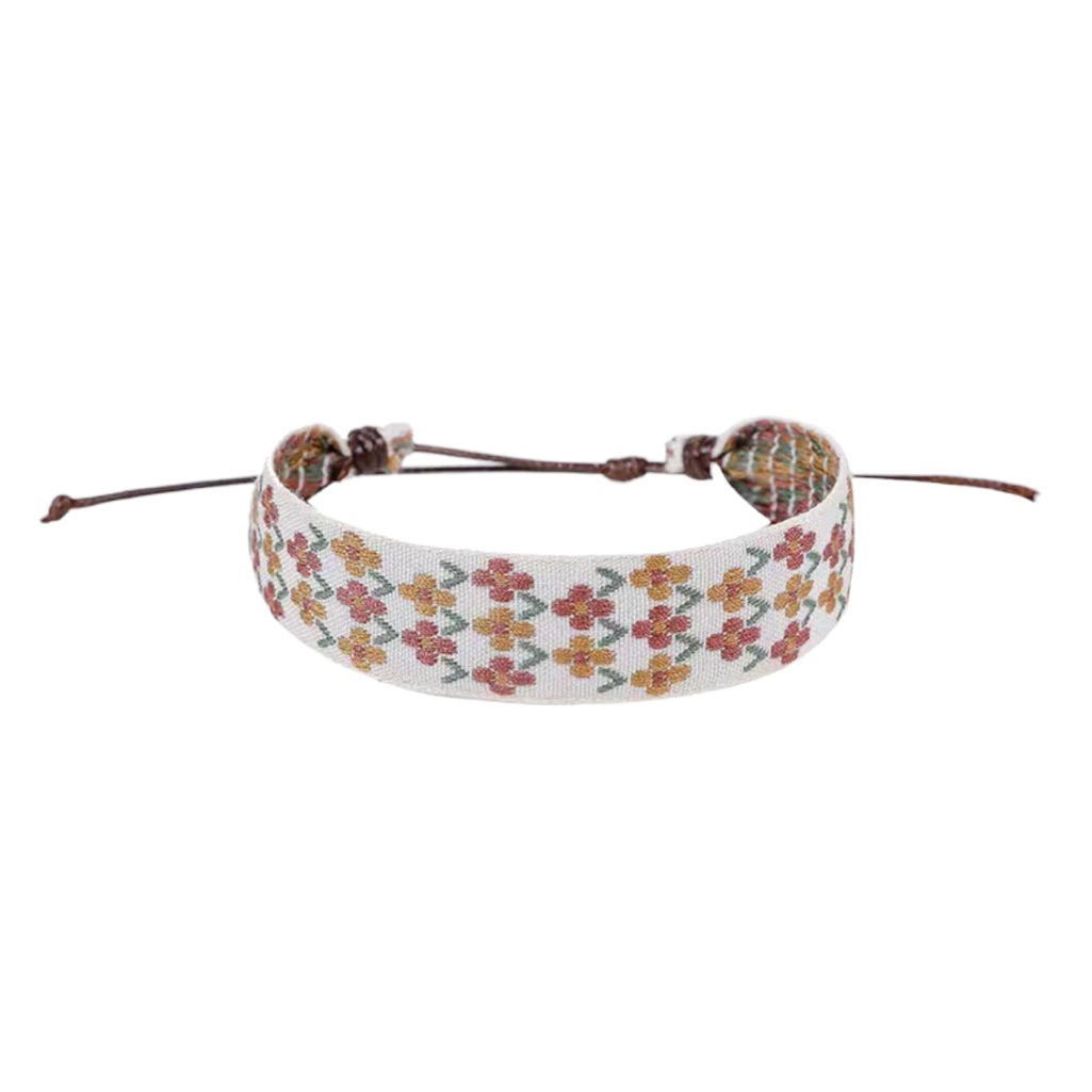 Floral Boho Ribbon Earth Toned Adjustable Fabric Bracelet
